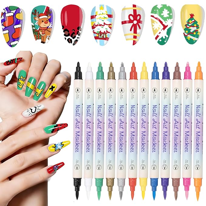 12 Colors Nail Art Pens Set, 3D Nail Polish Pens, Double-ended Nail Markers, Quick-Drying Acrylic Paint Markers, Drawing Painting Dotting Liner for DIY Nail Design, Home & Salon Manicure Tools