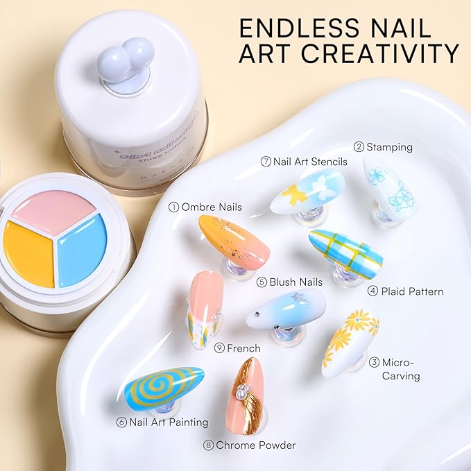 Makartt 5-in-1 Nail Art Gel: ColorPot 3 Colors Gel Nail Polish No Wipe with Nail Stamp for Stamping, French Tips, Ombre Patting, Painting & 3d Micro-Sculpting with Silicone Head for DIY Home Salon Use