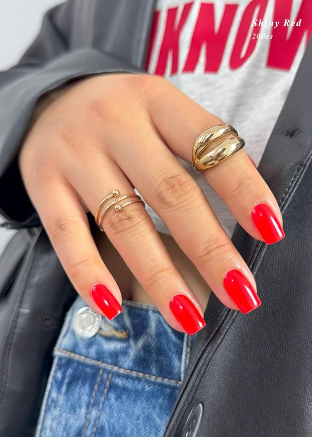 Semi Cured Gel Nail Strips (Shiny Red), 20 Pcs Summer Gel Nail Wraps, Stickers, UV Light Required, Salon Quality, Long Lasting