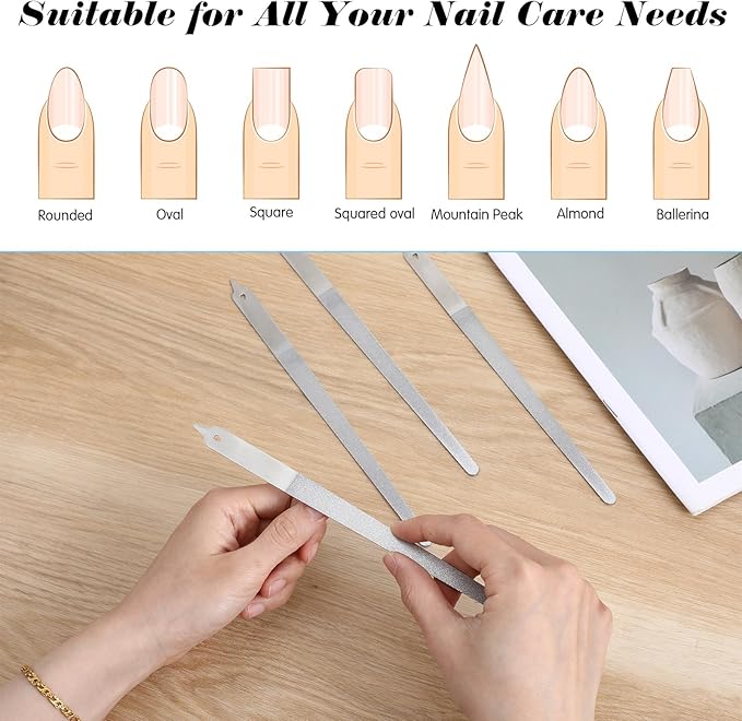 4PCS Diamond Deb Nail File,8 in Double-Sided Metal Nail File Men, Pointed Diamond Deb Nails Files, Suitable for Manicure, Pedicure, Salon Home Use, Silver