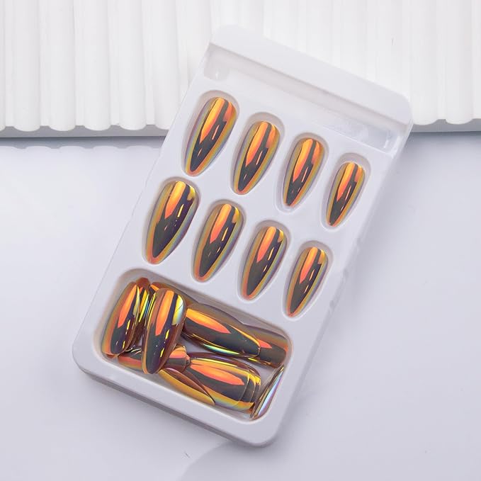 Chrome Press on Nails Almond Fake Nails Metal Mirror False Nails Glossy Medium Acrylic Nail Press ons Full Cover Holographic Shiny Glue on Nails for Women Girls Manicure 24Pcs