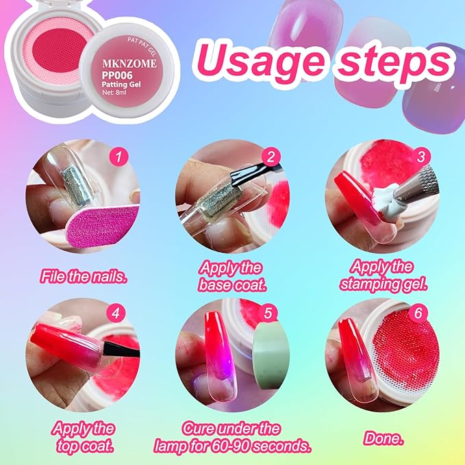 Neon Patting Gel Polish, 6 Color Bright Fluorescent Cushion Gradient Solid Aura Pat Painting Gel Set with Ombre Nail Sponge for DIY Beginner Design Salon Home Soak Off UV, D