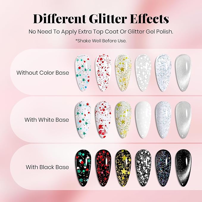 Beetles Gel Top Coat Set, 6Pcs 10ml Sparkle Glitter Cat Eye Top Coat Gel Nail Polish No Wipe Long Lasting Soak Off U V LED Manicure Salon DIY Gifts for Women