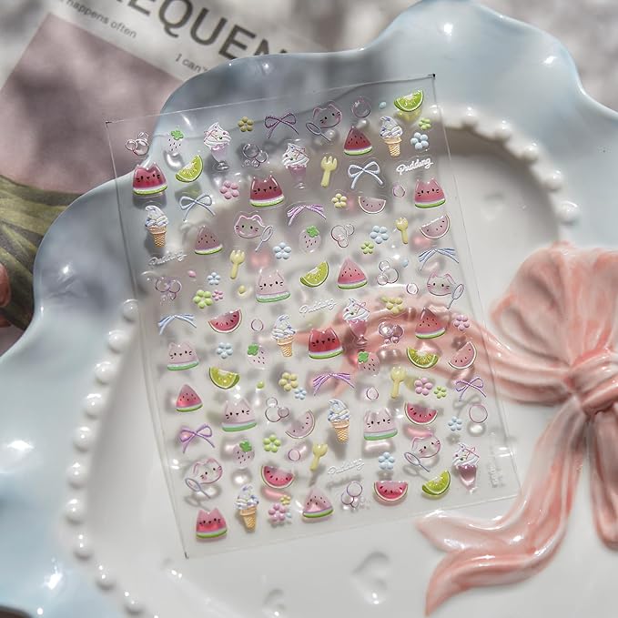 Summer Nail Art Stickers Watermelon Ice Cream Nail Decals Beach Nail Stickers 5D Embossed Self Adhesive Nails Charms for Women Girls Kid Manicure Cute Sweet DIY Decoration 2Pcs