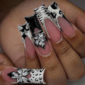Square Press on Nails Long Cow Print Fake Nail 3D Flowers Designs Acrylic Nail Press ons Sparkly Rhinestones Stick on Nails for Women 24pcs