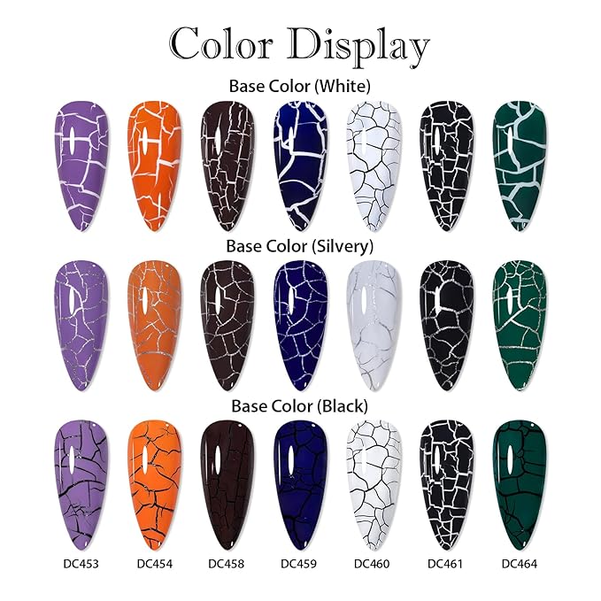 MTSSII 12pc Crackle Gel Nail Polish Set - 7 Colors, White, Silver, Black + Quick Dry Nail Art Kit