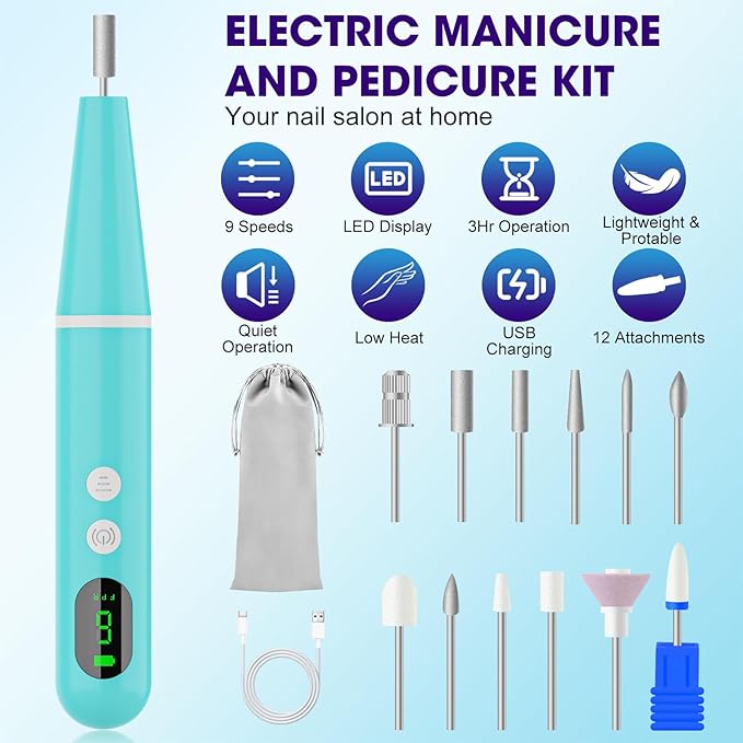 Cordless Nail Drill, Super Lightweight Electric Nail File, Low Noise Electric Nail Drill with 9 Speed & LCD Display, Toenail Grinder for Thick Nail Toenail Cuticle Human Women Baby Pets