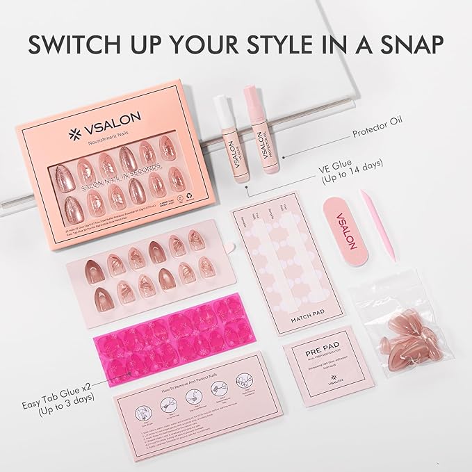 VSALON Press On Nails Short Almond - Pink Cat Eye Semi-Transparent Metallic Butterfly Design Fake Nails, Reusable Soft Gel Glue on Nails with Glue & Cuticle Oil - Valentines Gifts for Women