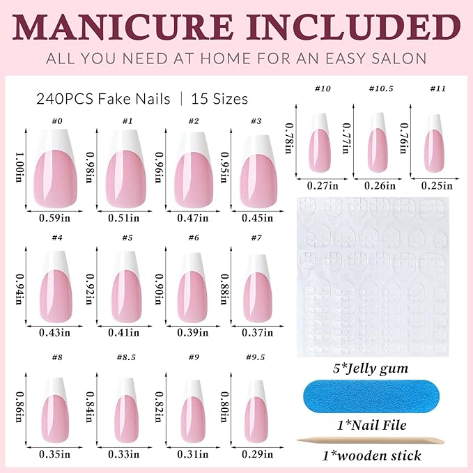 240PC White French Tip Press on Nails Medium Fake Nails Press ons with 5*Adhesive Tabs, Pink Coffin Acrylic Nail Press on Nail French Tip Nails False Artificial Fingernails Stick on Nails-A