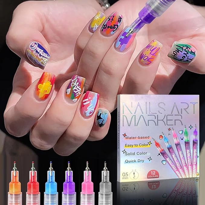 12 Colors Nail Art Pens Set, Nail Art Markers, 0.5mm Nail Polish Pens, Waterproof Quick Dry Nail Art Pens for Women DIY Graffiti Dotting Drawing Painting Nail Art Kit Tools