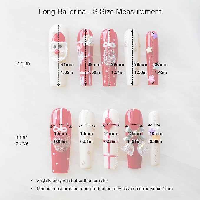 Christmas Press-On Nails, Long Coffin Shape, Red and White Holiday Design with Snowman and Bows, 10 Pieces (Small, LS)