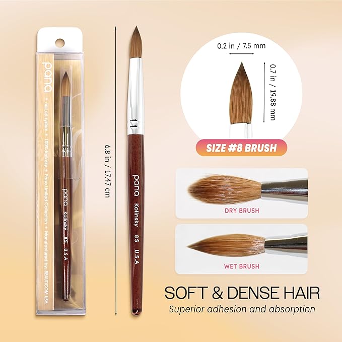 PANA Pure Kolinsky Hair Acrylic Nail Brush - Oval Crimped Shape Silver Ferrule with Mahogany Wood Handle (Size 8)