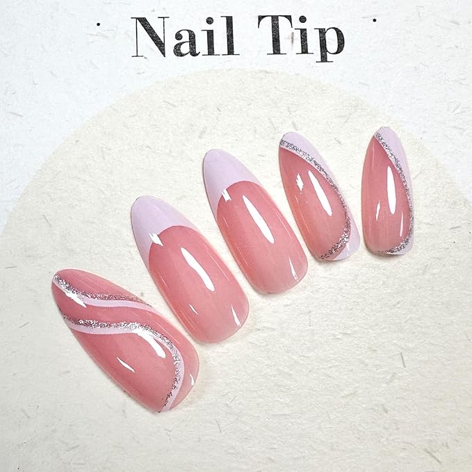 White French Tip Press on Nails Almond Medium Fake Nails Pink False Nails Glitter Swirl Glossy Full Cover Acrylic Glue on Nails Artificial Stick on Nail for Women Manicure 24Pcs