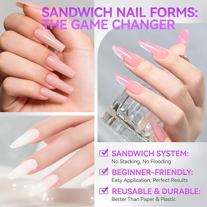 Gelike EC Dual Forms for Nail Extension: Almond ＆Coffin Sandwich Dual Forms Work with Builder Gel ＆ Polygel - 2 Shapes 240PCS 15 Sizes Reusable 100+ Times Clear Acrylic Molds Kit for Quick Manicure