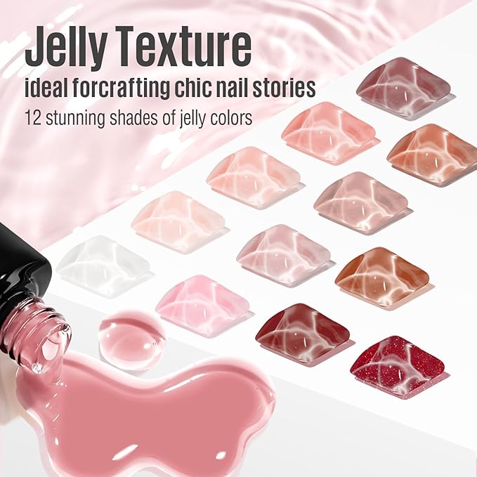 MEFA Jelly Gel Nail Polish Set, 12 Colors Jelly Red Glitter Gel Polish Set Nude Pink Milky White Nail Polish Gel Neutral Transparent Sheer Red Gel Nail Gifts for Women Girl DIY Salon Home Manicure
