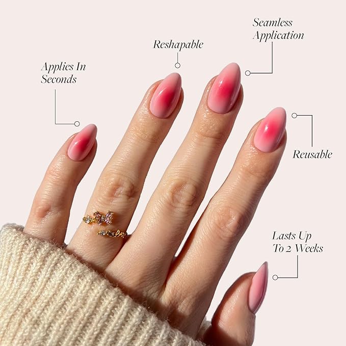 Glamnetic Press On Nails - Blushing Aura Fake Nails | Short Almond Trendy Pink with Ombre Center Nails in a Glossy Finish | 15 Sizes - 30 Nail Kit with Glue