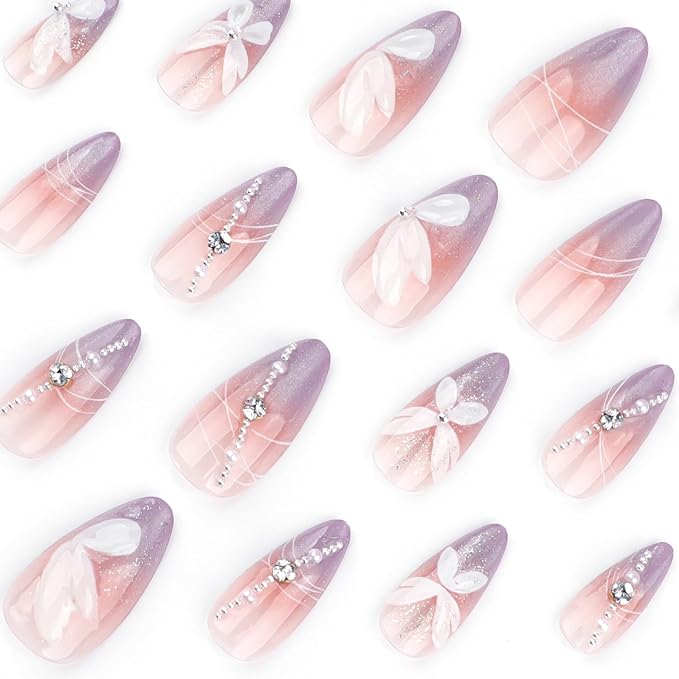 Almond Press on Nails Medium - Ombre Purple Fake Nails with Flower Butterfly Design - Rhinestone, Full Cover Stick on False Nails for Women 24Pcs