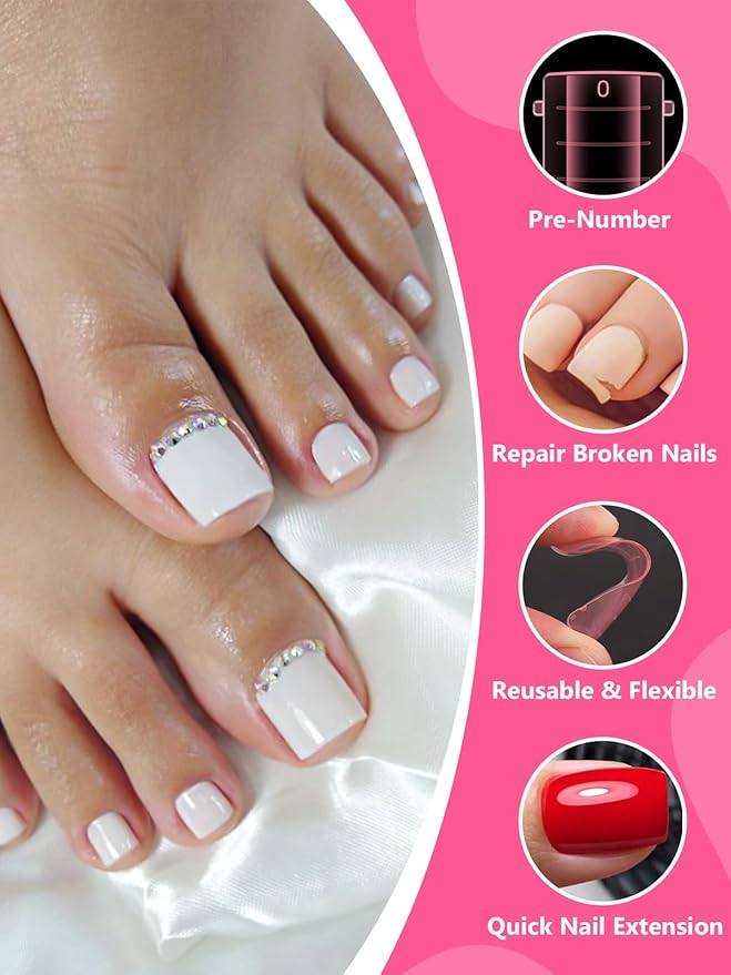 EBANKU Poly Gel Nail Forms for Toes, Pink Long Square Dual Forms for Pedi Nail Extension Poly Gel Toenails Reusable Toe Nail Tips Mold, 120Pcs 12 Sizes