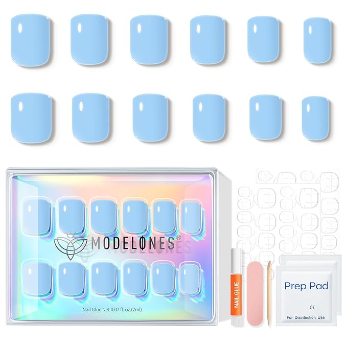 Modelones Extra Short Press on Nails, Squoval Fake Nails, Reusable Nail Kit with Nail Glue Adhesive Tabs Mini Nail File, Nails Press Ons 32Pcs 16 Sizes, Baby Blue, Spring Women Girl Gift