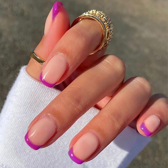 Purple Semi Cured Gel Nail Strips French Tip 20Pcs Magenta Clear UV Gel Nail Stickers Glossy Nails Polish Strips UV/LED Light Needed Self Adhesive Full Polish Nails Wraps for Women