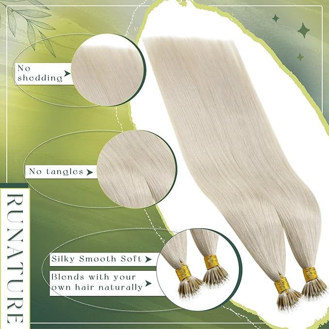 RUNATURE 22 Inch Nano Hair Extensions Human Hair Blonde, Long Straight Hair, Remy Soft Hair Extensions Nano Ring, Add Hair Length for Women, Can Be Styled, Natural Blending