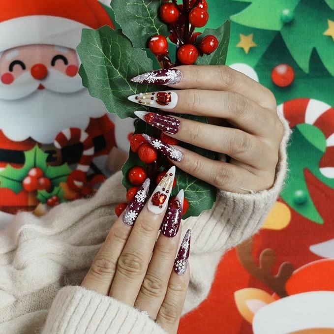 Valentine Press on Nails Long Stiletto Red Heart Design- 3D Gems & White Stripe Snowflake Handmade Design, Sparkling False Nails Stick on Nails for Women(Romantic Snow Falls,M)