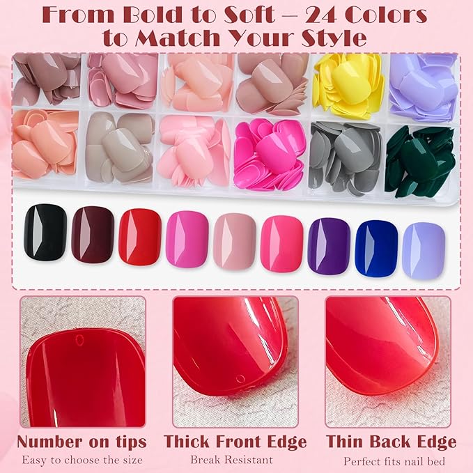 AddFavor Square Press on Nails, 576pcs Short Round Square Fake Nails Full Cover Glossy Short Nails Press on Acrylic False Nail Tips 24 Colors for Kids Women