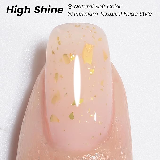 YTD Likomey Nude Gel Nail Polish,15ml Nude Pink Gold Foil Translucent Neutral Jelly Sheer Gold Flakes Pastel Pink Glitter Salon Home DIY Nails Art UV Nail Gel Varnish,LS09