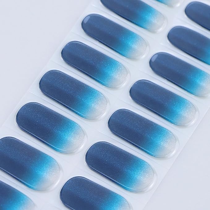 JMEOWIO Gel Nail Stickers Blue Gradient Cat Eye Semi Cured Gel Nail Strips Wraps UV/LED Nails Art Design Decoration Accessories