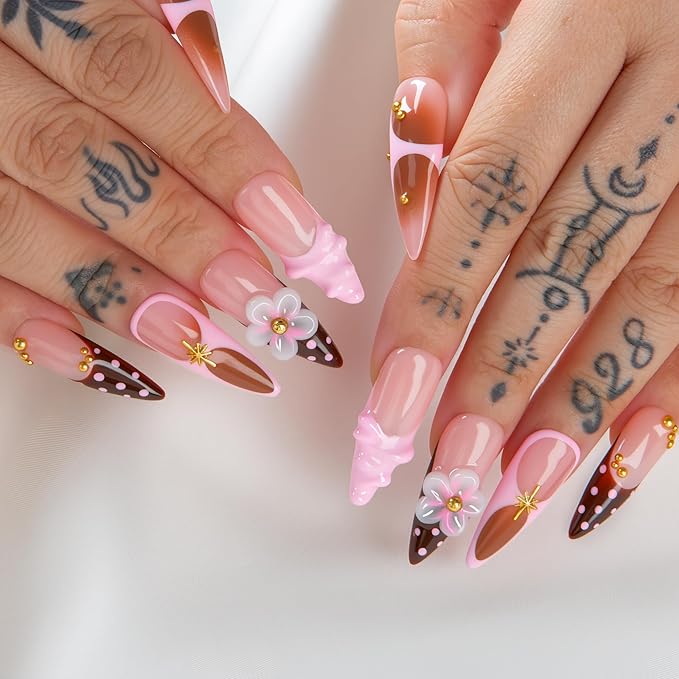 LOVFUL Short French Tip Press on Nails Berry Mocha | Handmade Acrylic Press ons| Reusable Fake False Nails | Stiletto Classic Regular 1.3in | H700-L