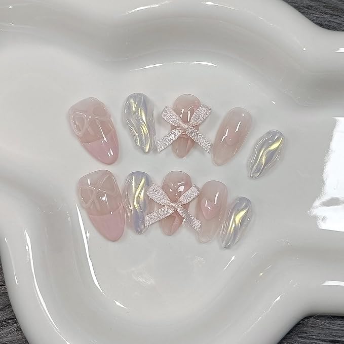 Lovely Sweet Cute Pink Nails Aurora Glitter French Tip Press On Nails Short Almond Soft Gel Fake Nails With Sparkling Waves 3D Bow Ties 10pcs/Box Acrylic Stick on Nails For Women Girls(M)