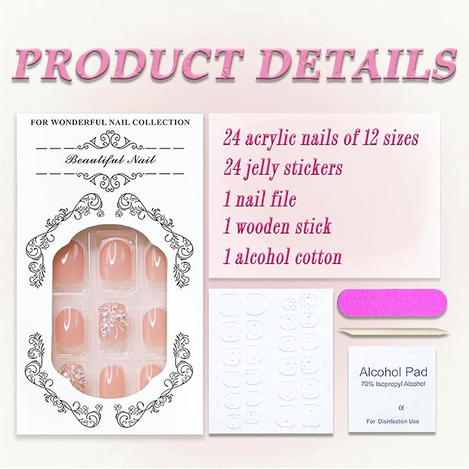 White French Tip Press on Nails Short Square MABKJLF Petite Fake Nails Butterfly False Nails with Rhinestones Designs Glossy Glue on Nails French Manicure Acrylic Nails for Women Girls 24Pcs