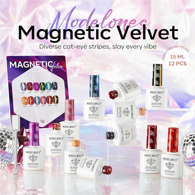 modelones 12Pcs 15ML Cat Eye Gel Nail Polish Set, Same Color Same Bottle Glitter Pink Red Green Purple Blue Cateye Gel Polish Set with Magnet Sparkle Series Hema-free Gel Polish Kit Soak Off Nail Art