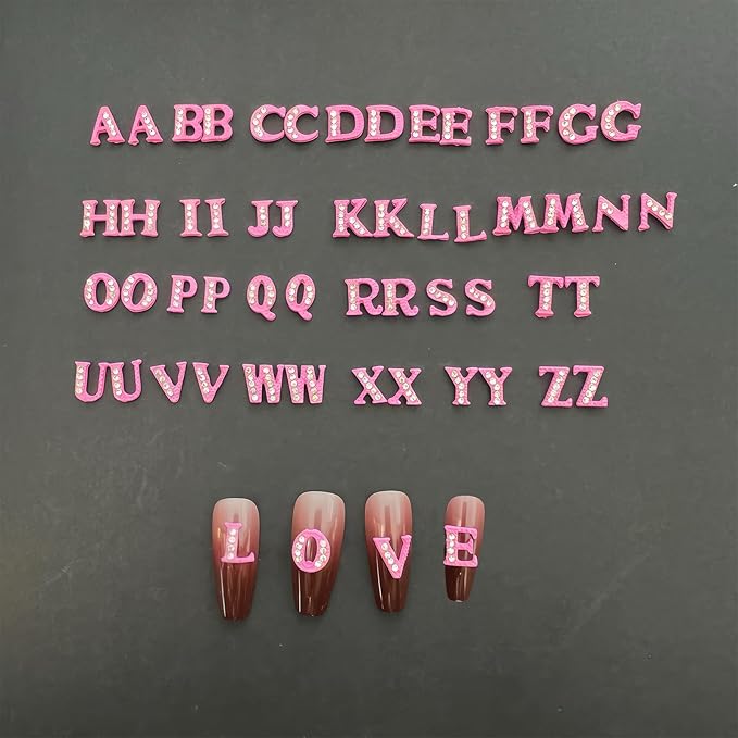 52 Pcs 3D Pink Nail Charms Letters Initial Charms for Nails Nail Letter Charms Alphabet Rhinestone Nail Charms for Nail Art Design Decoration DIY Craft