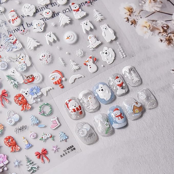 Christmas Nail Stickers Snowman Nail Art Stickers Xmas Tree Bear Nail Decals for Nails Art with Gingerbread Man Design Winter Nails Decals for Women Girls Kid Manicure Decoration Accessories
