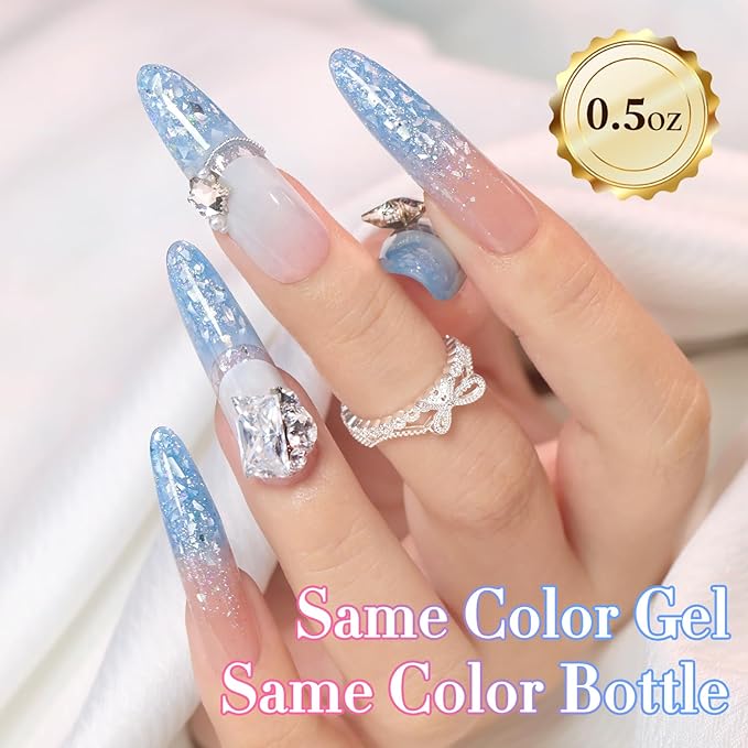 Double Rhythm 0.5Oz Glitter Gel Polish Same Color Same Bollte Shimmer Reflective Color for Nail Art Salon DIY Soak Off 15ml Nail Lamp Gel Polish at Home (Shell Blue-B1203)