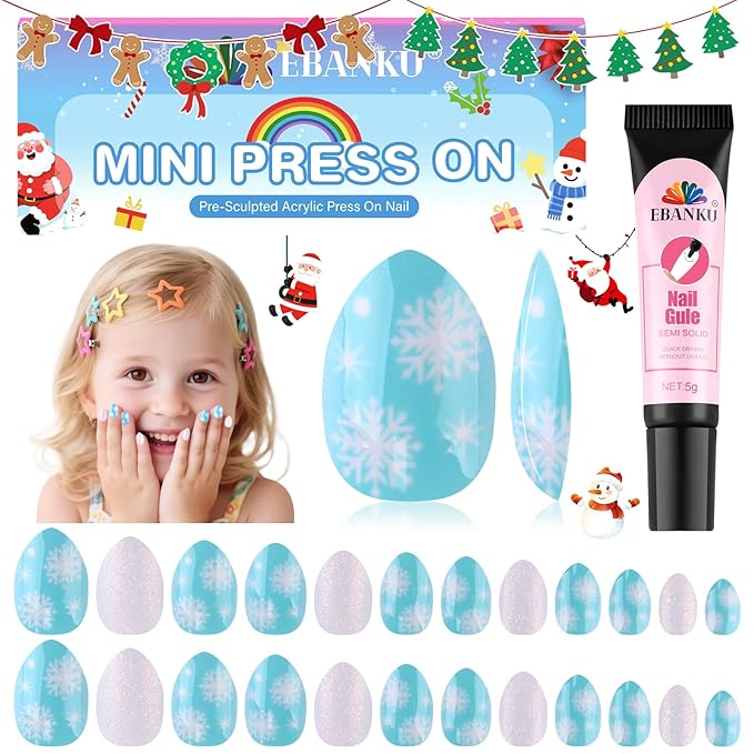 24 Pieces Press on Nail Kid, EBANKU Christmas Mini Glue on Nail Almond Cute Design Acrylic Nails with Nail Glue for Girls 7-12 Years