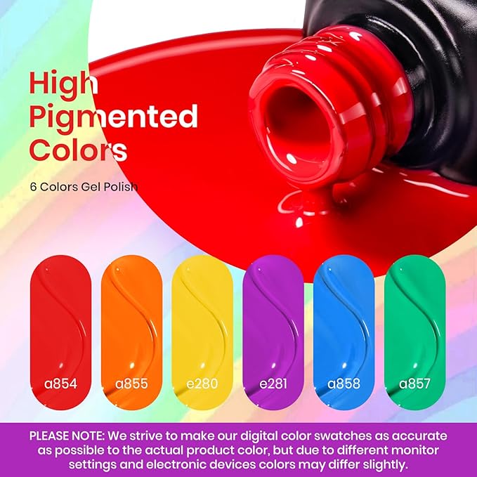 Beetles Rainbow Gel Polish Set - 6 Colors Red Yellow Blue Orange Green Purple Polish Rainbow Flag Gel Nail Polish Kit Spring Soak Off UV Nail Art Design Salon DIY Manicure Gifts for Women Girls
