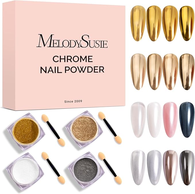 MelodySusie 4Pcs Chrome Nail Powder for Gel Nails, Aurora Fine Glitter Powder Mirror Effect Pigment Pearlescent Mermaid Pigment Pearl Glitter for Home DIY Salon Use