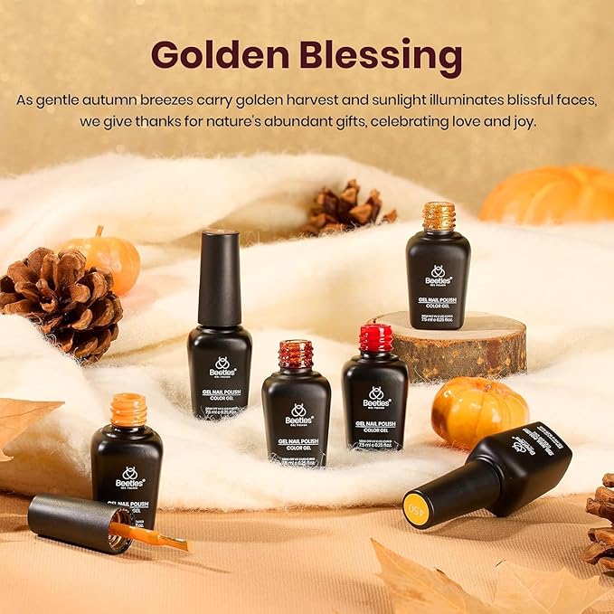 Beetles Gel Nail Polish Set 6 Colors Gel Polish Red Orange Brown Gold Glitter Kit DIY Home Nail Art Manicure Kits UV LED Needed Gifts for Women Golden Blessing