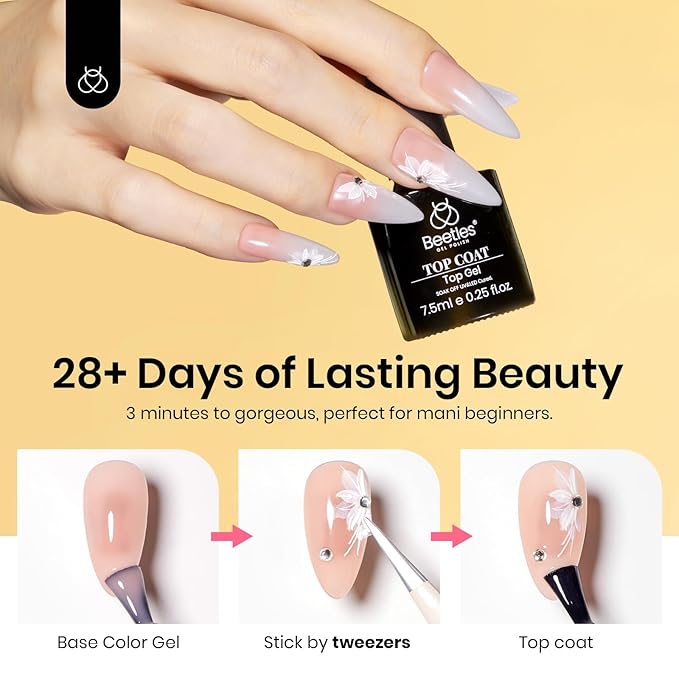 Beetles Gel Top Coat With 6 Pcs Nail Stickers for Nail Art, 5D Rhinestones Sticker Embossed White Flower Design with Nail Tweezer Pegatinas Uñas Nail Gems Decorations for Women