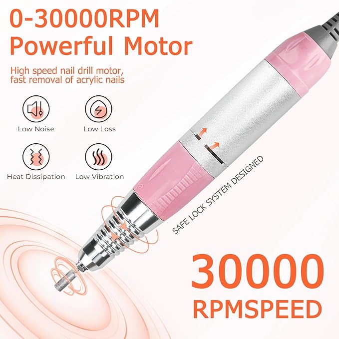 30000rpm Electric Nail Drill Professional Electric Nail File Efile Set for Acrylic, Gel Nails, Manicure Pedicure Polishing Shape Tools Nail Polisher with 6 Nail Drill Bits & Bands
