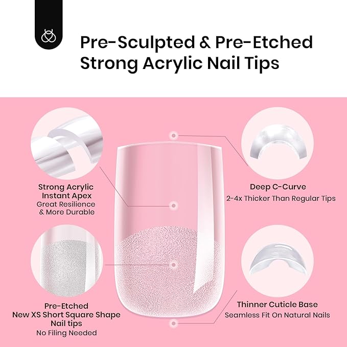 Beetles Tipex Instant Apex Nail Tips-Extra Short Square Pre-Building & Pre-Etched Strong Thick Acrylic,16 Sizes, Press on Nails 512 Pieces
