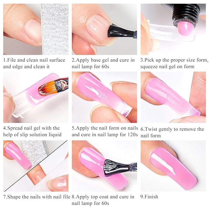 Poly Extension Gel Nail Kit, Clear White Pink Builder Nail Starter Kit with Dual Nail Forms, Nail Clips for Poly Gel, Home Manicure Set