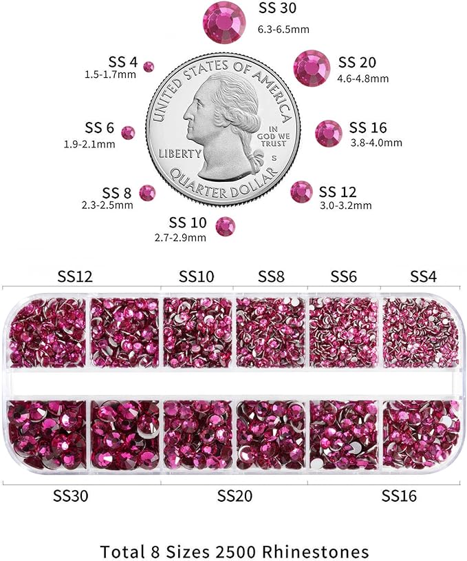 Beadsland Rhinestones for Makeup,8 Sizes 2500pcs Glass Flatback Rhinestones Eye Gems for Nails Crafts with Tweezers and Wax Pencil,Fuchsia,SS4-SS30