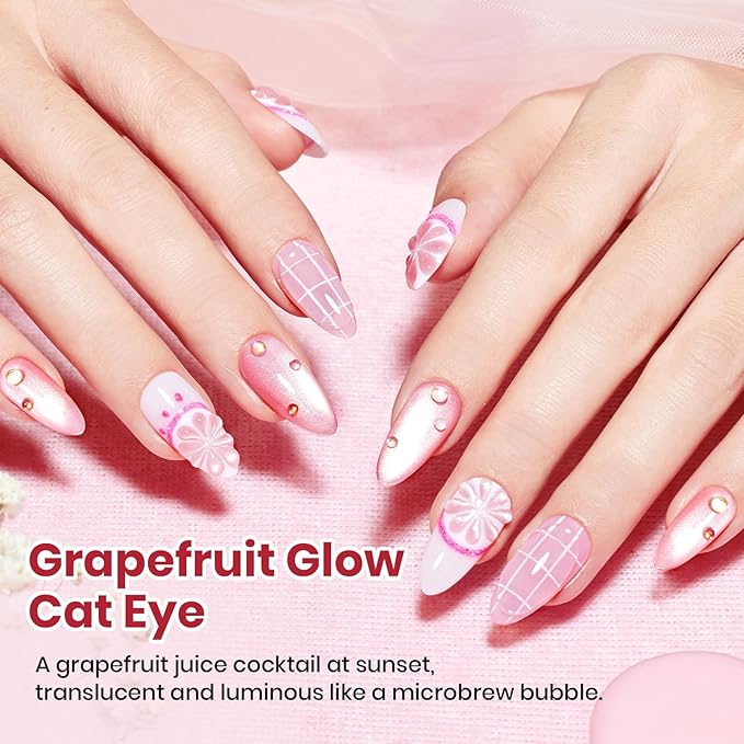 Beetles Grapefruit Glow Pink Cat Eye Gel Nail Polish - 15ML Spring Gel Polish Glitter Pink Cat Eye Magnetic Translucent Glassy Effect Soak Off UV French Nail Art Design DIY Manicure Gift for Women