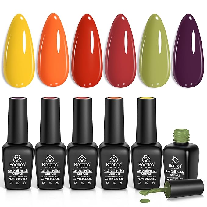 Beetles Spring Gel Nail Polish Set – 6 Colors Red Green Purple Orange Yellow Gel Polish Kit, Soak Off UV LED Gel Nail Polish for Manicure Nail Art Thanksgiving Gift for Women