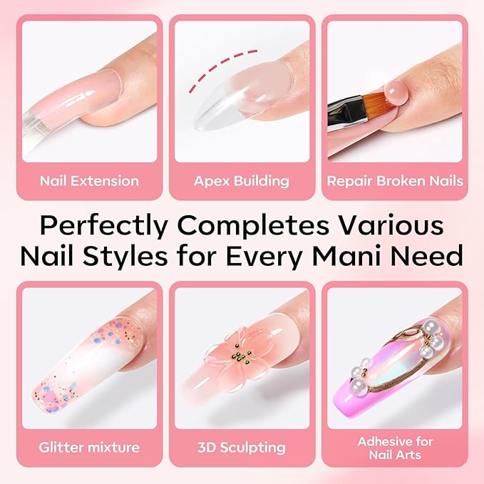 Modelones Poly Gel Nail Kit 3 Colors Clear White Apricot with Slip Solution Dual Nail Forms Top Base Coat Extension Builder Gel Enhancement Professional Starter Kit DIY Nail Art Salon Use