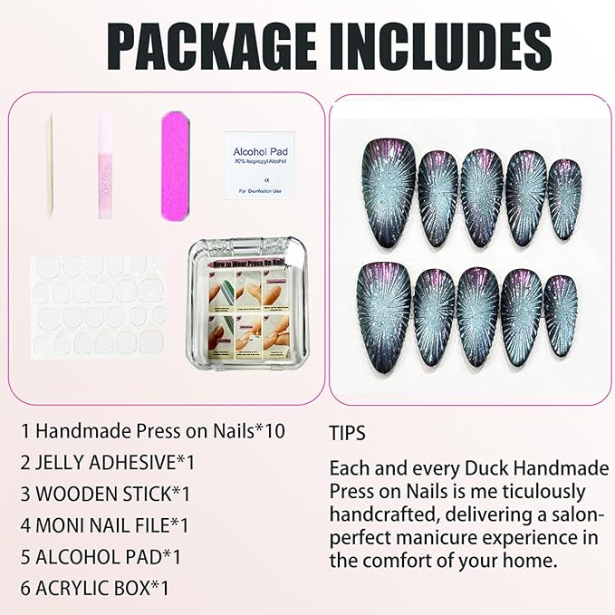 Handmade Press on Nails Popular Almond Shape with Ice Blue Cat Eye and Crushed Ice Design Handmade Stiletto Press on Nails 3D Cat Eye Press on Nail（L）