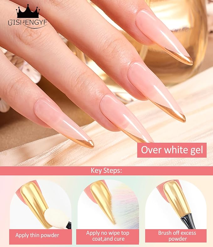 100% Chrome Nail Powder BISHENGYF: Super NO.1 Metallic Effect Chrome Powder For Nails Gold Silver Red Laser Holographic White Pearl Nai l Chrom e Powde r for Nails Art Decoration